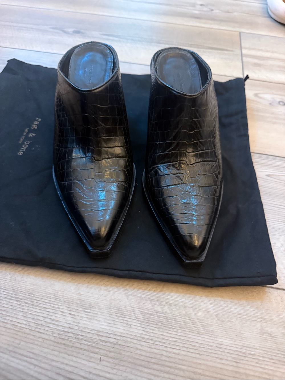 rag & bone Black Croc-Embossed Pointed Backless Mule